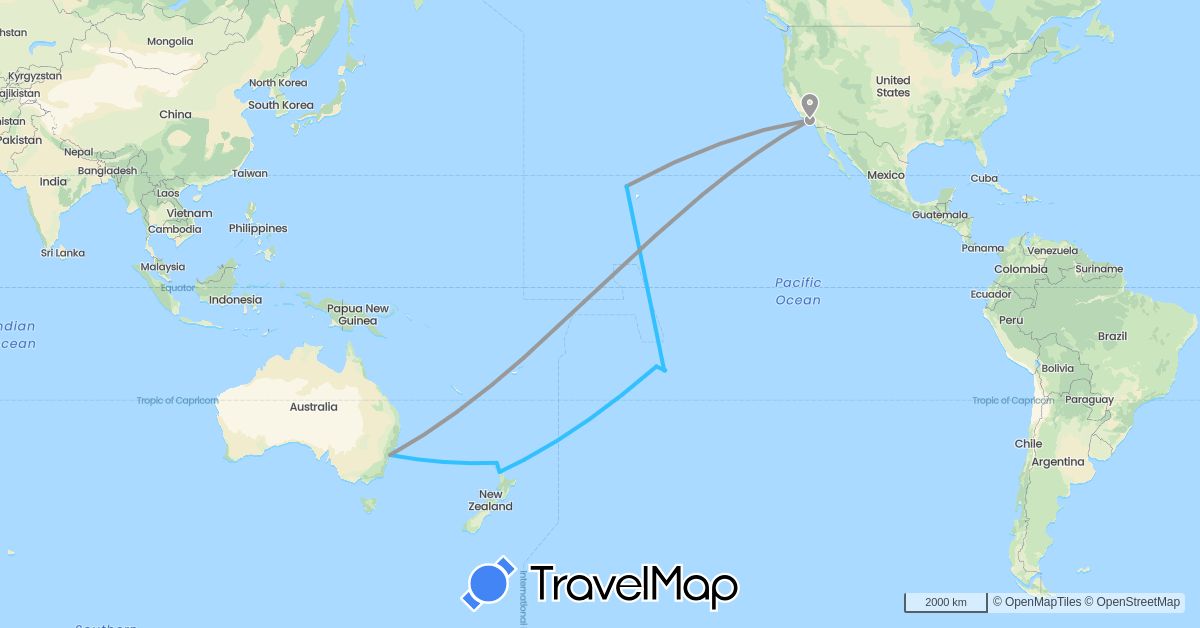 TravelMap itinerary: driving, plane, boat in Australia, France, New Zealand, United States (Europe, North America, Oceania)